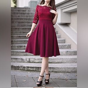 MissMay Maroon Lace Off-The-Shoulder Skater Dress Size Large